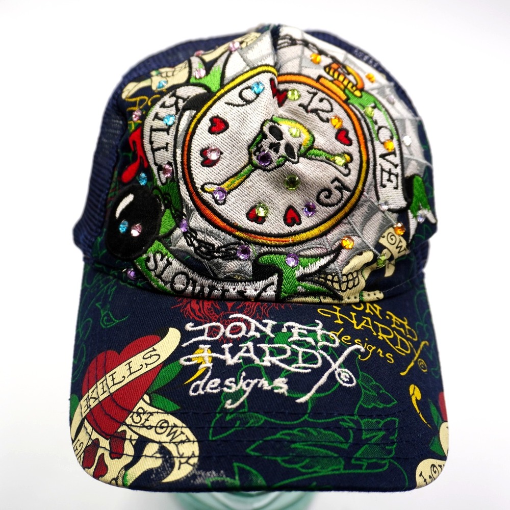 Ed Hardy Christian Audigier Rhinestone Skull Trucker Hat Love Kills Slowly
